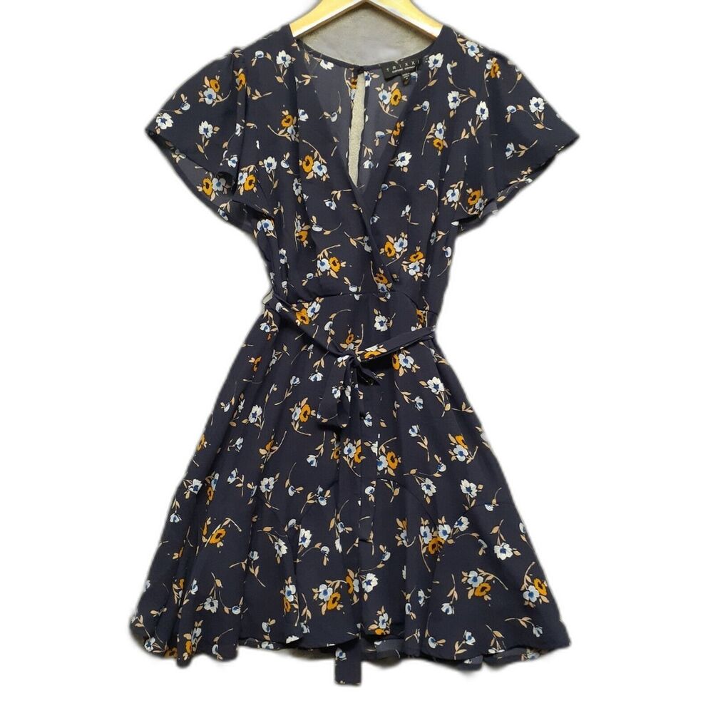 Francesca's Trixxi Women Sz S Blue Floral Short Sleeves Dress Tie Waist V Neck